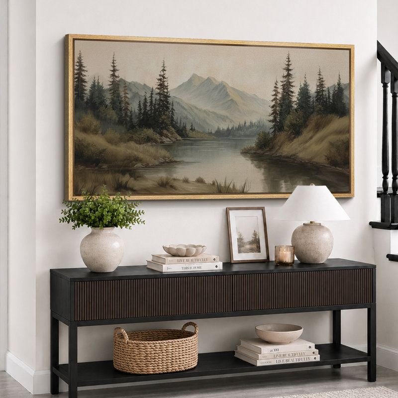 Misty Mountain Lake with Pine Forest - Pictures Extra Large Framed Canvas Print Wall Art, Natural Floater Framed