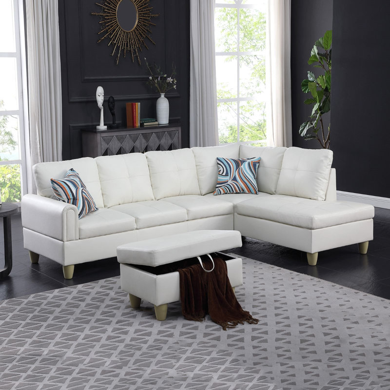Jayzen 3-Piece Vegan Leather L-shaped Living Room Sectional with Storage Ottoman, Right Hand Facing, White Faux Leather