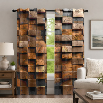 2Pcs Brown Wood Block Curtains, 3D Geometric Style Curtain, Rustic Natural Log Grain Printed Art Grommet Drapes, Window Treatment for Bedroom Living Room Decor