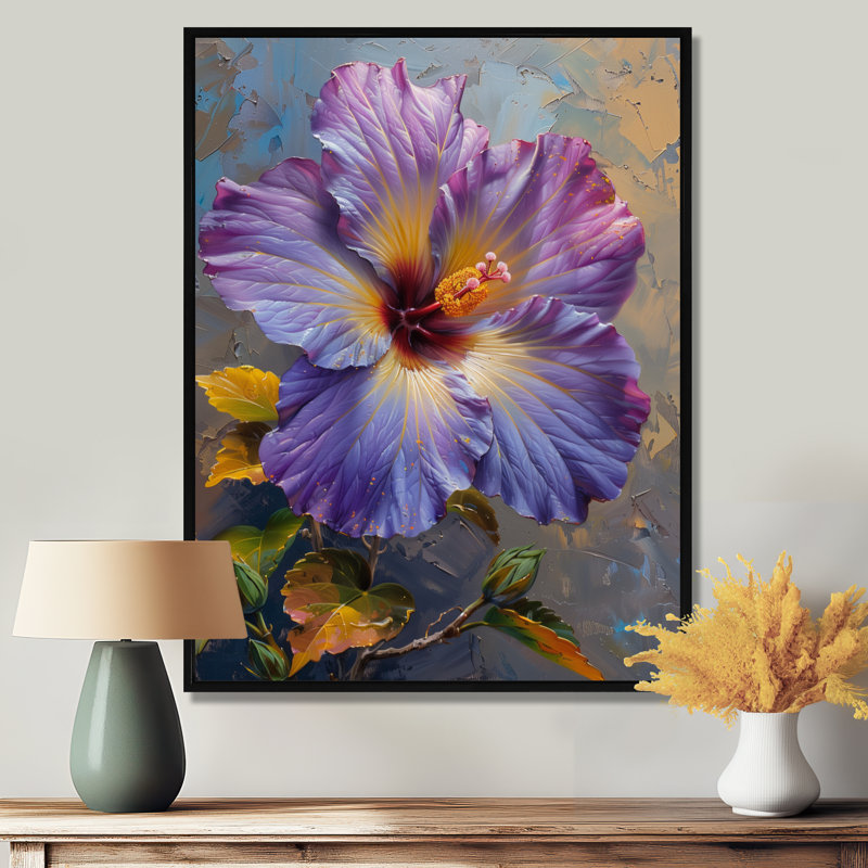 Hibiscus mauve, jaune et violet, Toile avec cadre flottant noir, H 44 po x l 34 po x P 1,5 po