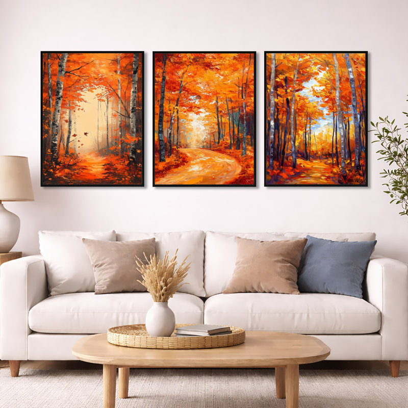«Wild Brush Autumn Forest - Érable», art mural encadré à 3 panneaux, H 32 po x l 72 po, Cadre flottant noir