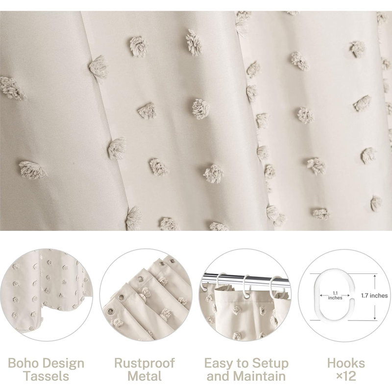 Extra Long Beige Boho Fabric Shower Curtain with Tufted Floral Puffs