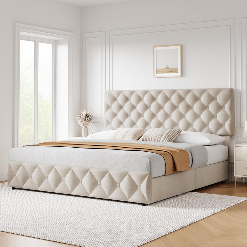 Bed Frame With Adjustable Headboard And 4 Storage Drawers, Linen Upholstered Platform Bed Frame, Beige, King