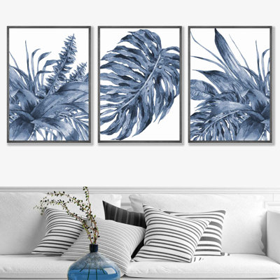 Abstract Botanical Tropical Bouquet In Blue - 3 Piece Single Picture Frame Painting Set