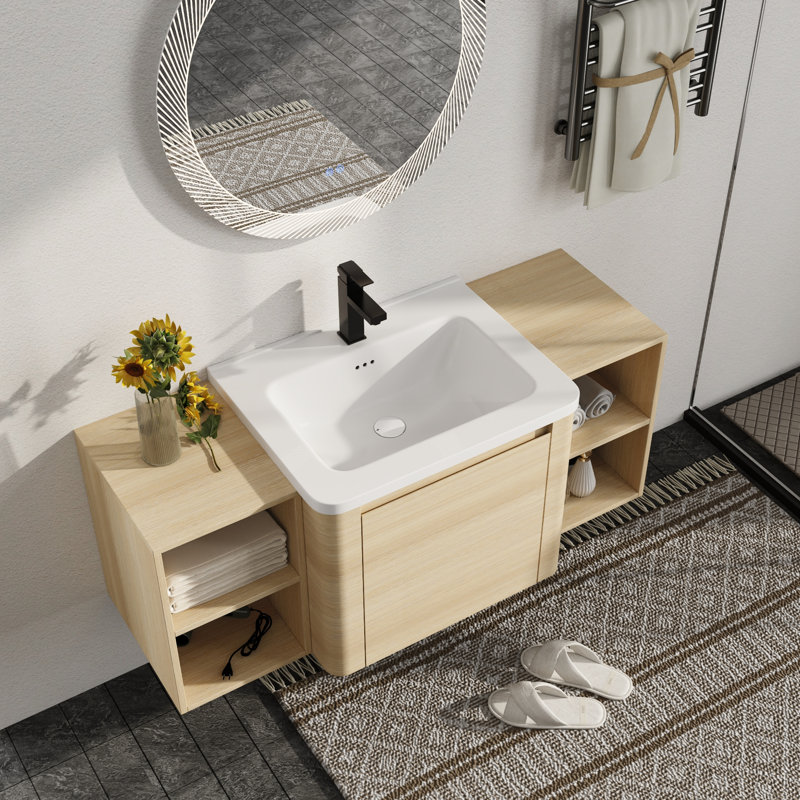 Ensemble de meuble-lavabo mural simple 48 po avec plateau en céramique Narnby, L 48 po, Chêne blanc