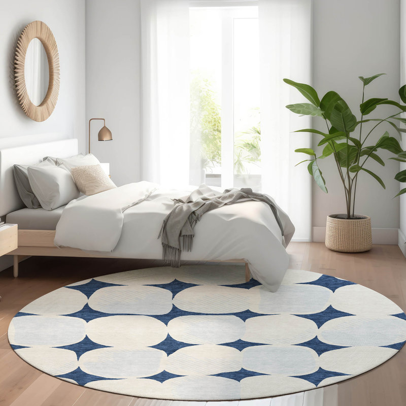 Premium Machine Washable Prisco Navy Rug, Round 8'