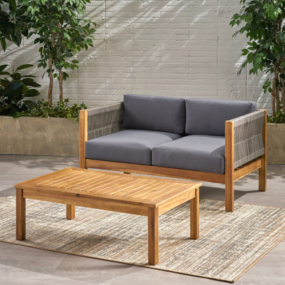 Ensemble de causeuse et de table basse de patio, ensemble de meubles de patio avec coussin, ensemble de conversation à cadre en bois d'acacia pour le jardin, la cour, le porche et la piscine, style minimaliste