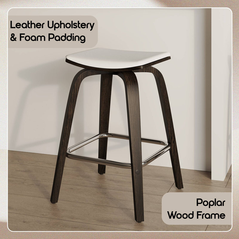 Hoxha Leather Square Counter Stool With Stained Poplar Wood Frame And 360-Degree Swivel Hoxha Collection, Dark Walnut/White
