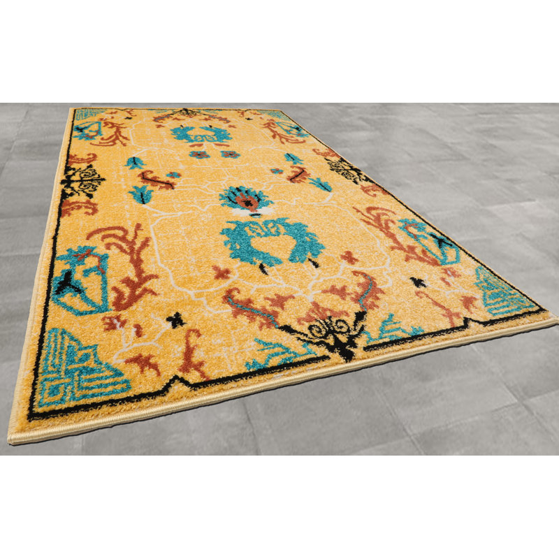 Tapis beige / bleu sarcelle bouclé / crocheté Inshore, Doré / Sarcelle, Rectangle 5 pi 1 po x 7 pi 6 po
