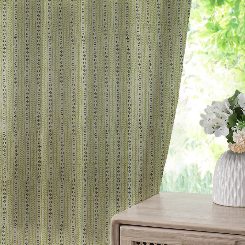 Bohemian Pure Linen Block Print Curtain, Handmade Floral , Soft Green and Blue Pinch Pleated Drapes 100% Blackout, Home Decor or Kitchen, Ethnic Lehariya