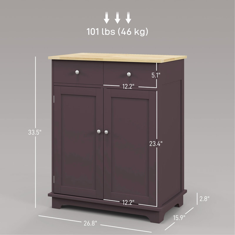 Buffet moderne avec comptoir en bois massif - armoire de rangement pour cuisine 2 tiroirs, portes, tablette réglable