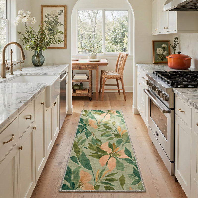 Tapis de couloir floral vert / beige lavable à la machine avec envers antidérapant, Tapis de couloir 2 pi x 6 pi