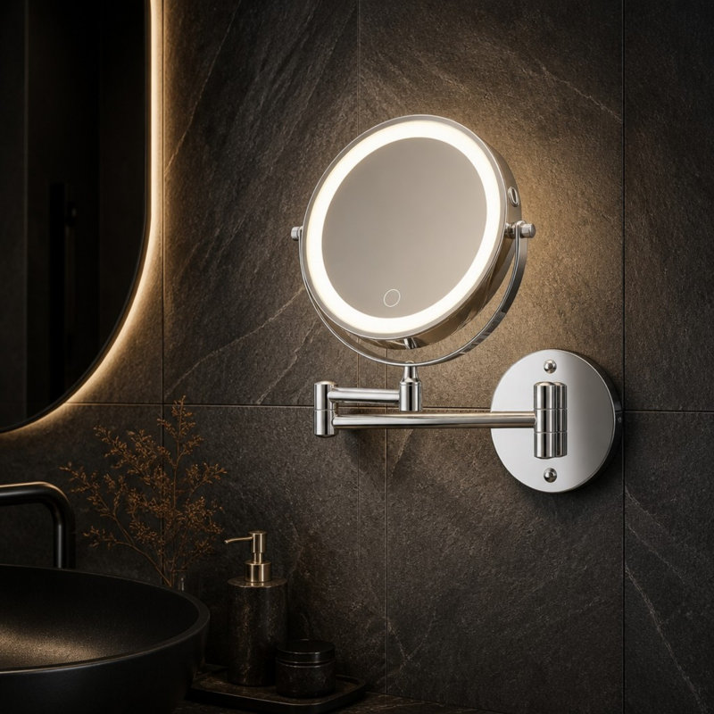 Miroir de salle de bain mural moderne à DEL 8 po avec grossissement 10 fois, Chrome chrome