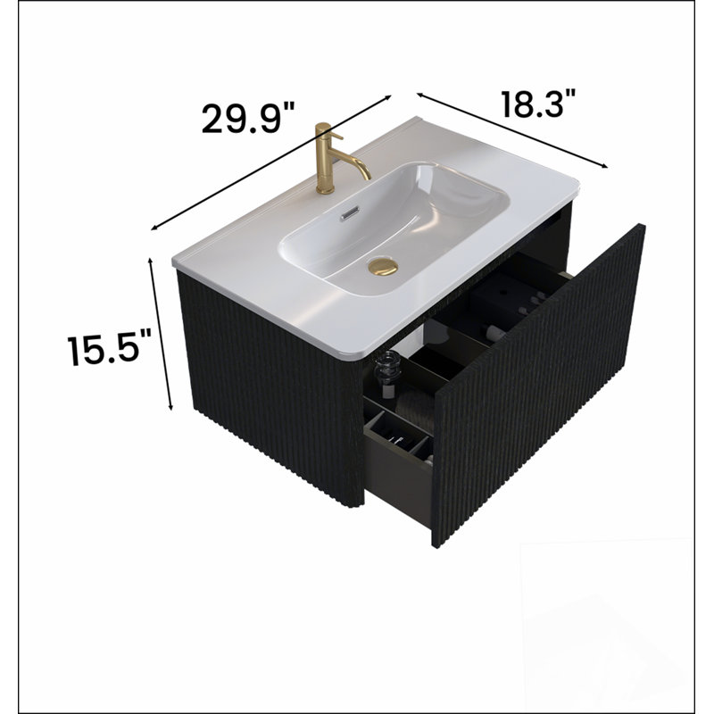 Meuble-lavabo flottant rayé en chêne noir brossé de 30 po avec lavabo en céramique blanche, meuble-lavabo pour salle de bain moderne, lavabo une pièce sans drain, pré-assemblé