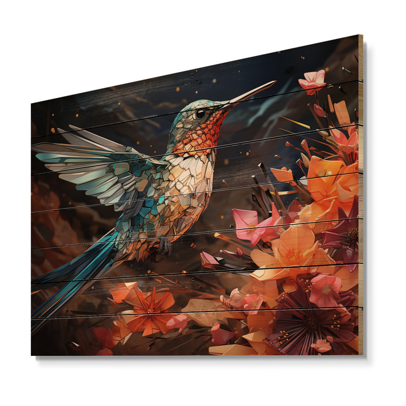 Colibri bleu sarcelle «Enchanting Hum» géométrique II sur bois, H 30 po x l 40 po x P 0,78 po