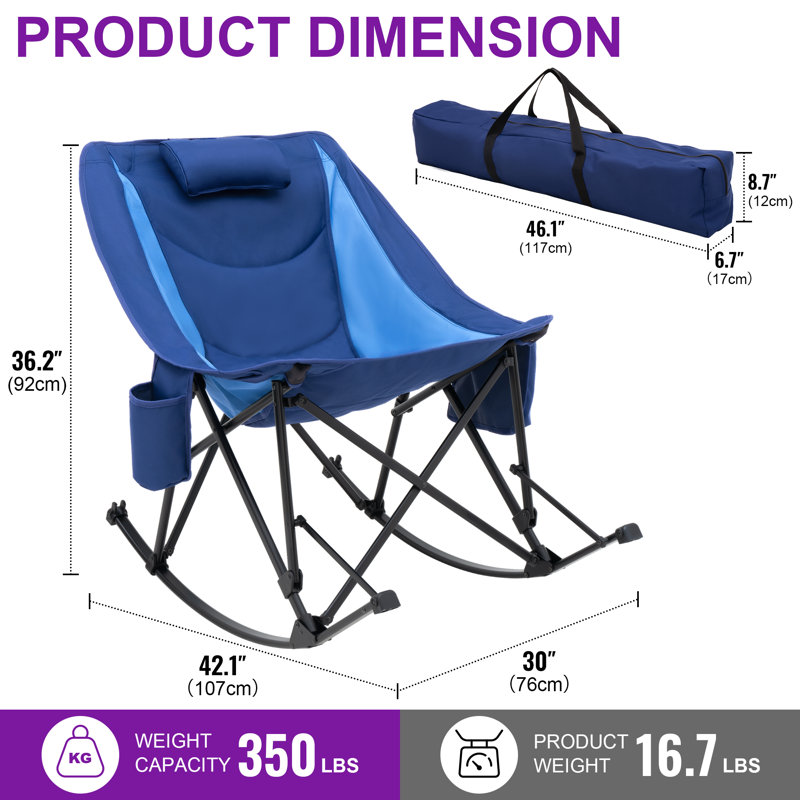 Chaise berçante de camping surdimensionnée avec coussin, Temmo pliant portable pour adultes, support 350 lb, Bleu
