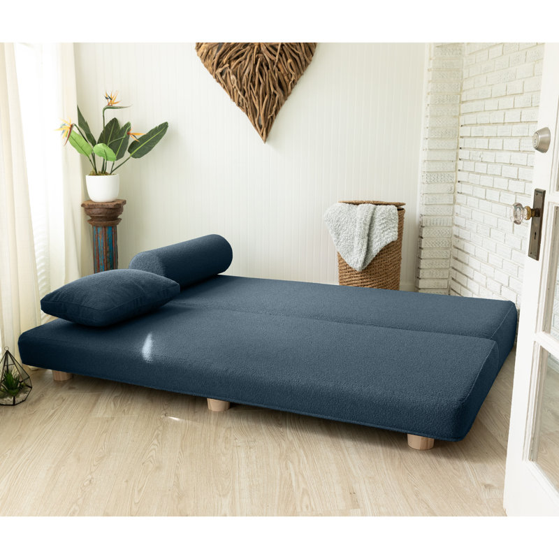 Amala Daybed Fold-Out Sleeper Chaise with Premium Memory Foam Queen-Size Mattress & Pillows-Premium Boucle, Navy Boucle