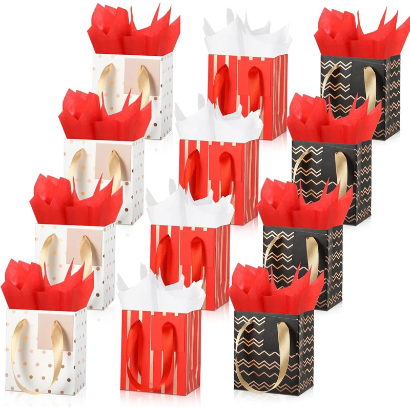 Paquet de 12 mini sacs-cadeaux métalliques avec poignées et papier de soie assorti, petits sacs pour cadeaux de Noël