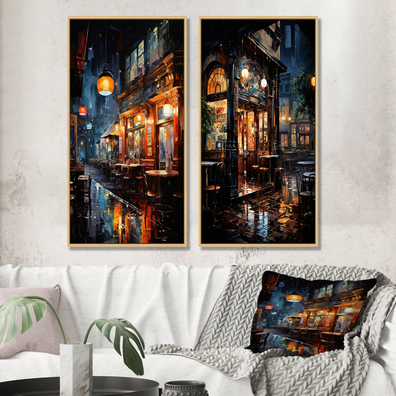 Night Jazz Serenade IV - Ensemble de 2 décorations murales restaurants et cafés, Cadre flottant brun, H 28 po x l 25 po