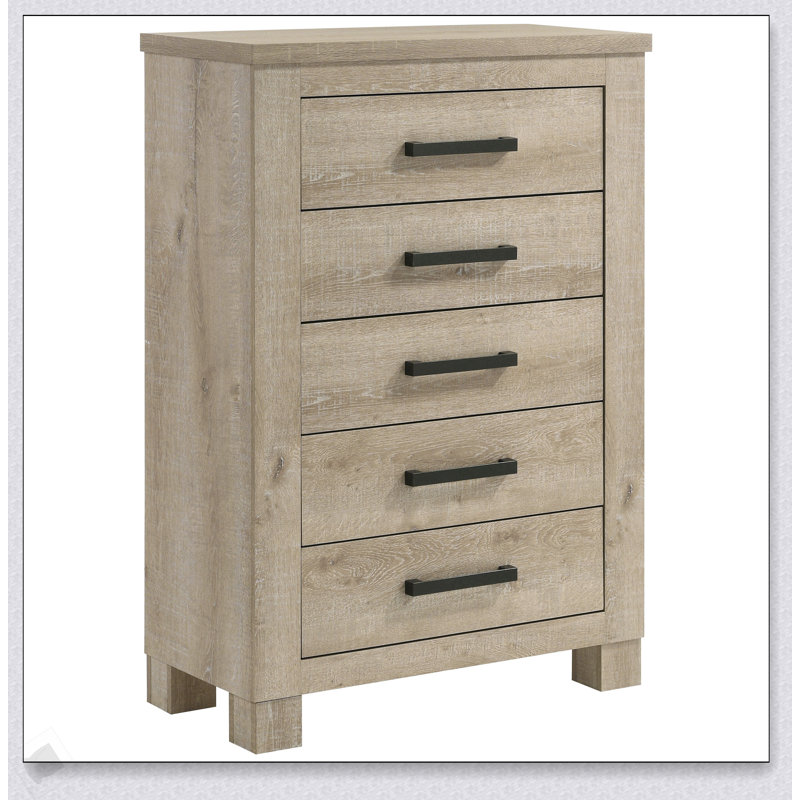 Commode à 5 tiroirs en chêne vieilli Sansome, solution de rangement durable et élégante pour les chambres à coucher modernes