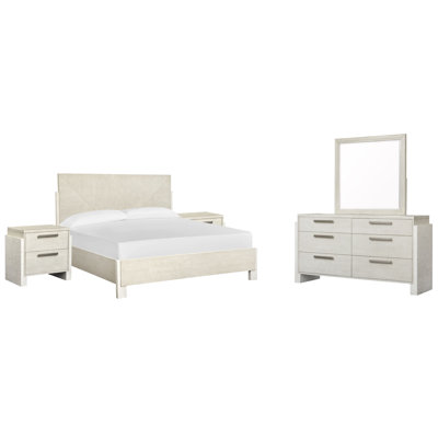 Très grand lit à panneaux 2 tables de chevet et commode avec miroir
