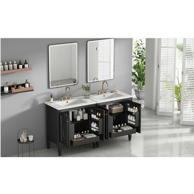 Ensemble de meuble-lavabo 60 po avec lavabo double 60 po, lavabo en céramique, portes à fermeture en douceur avec tablette, tiroir de rangement, vert