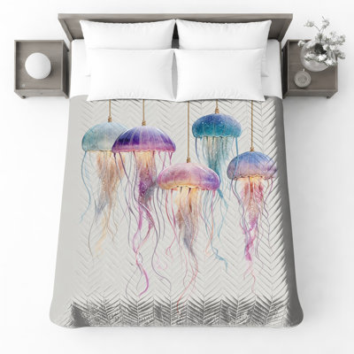 Colorful Jellyfish Illustration Bedding Jellyfish Bedspread Marine Life