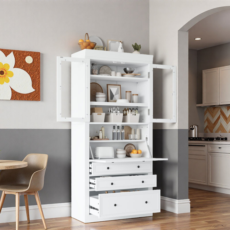 Garde-manger autoportant avec 3 tiroirs, tablettes réglables et prise de courant, Blanc