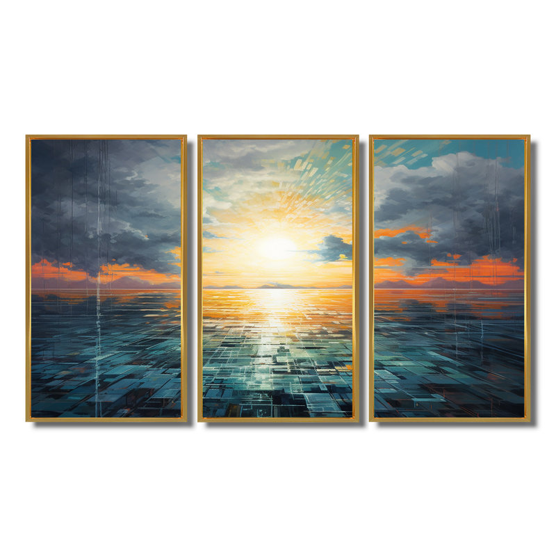 Coriène - ensemble d'art mural coucher de soleil, Cadre flottant doré, H 40 po x l 60 po x P 1 po