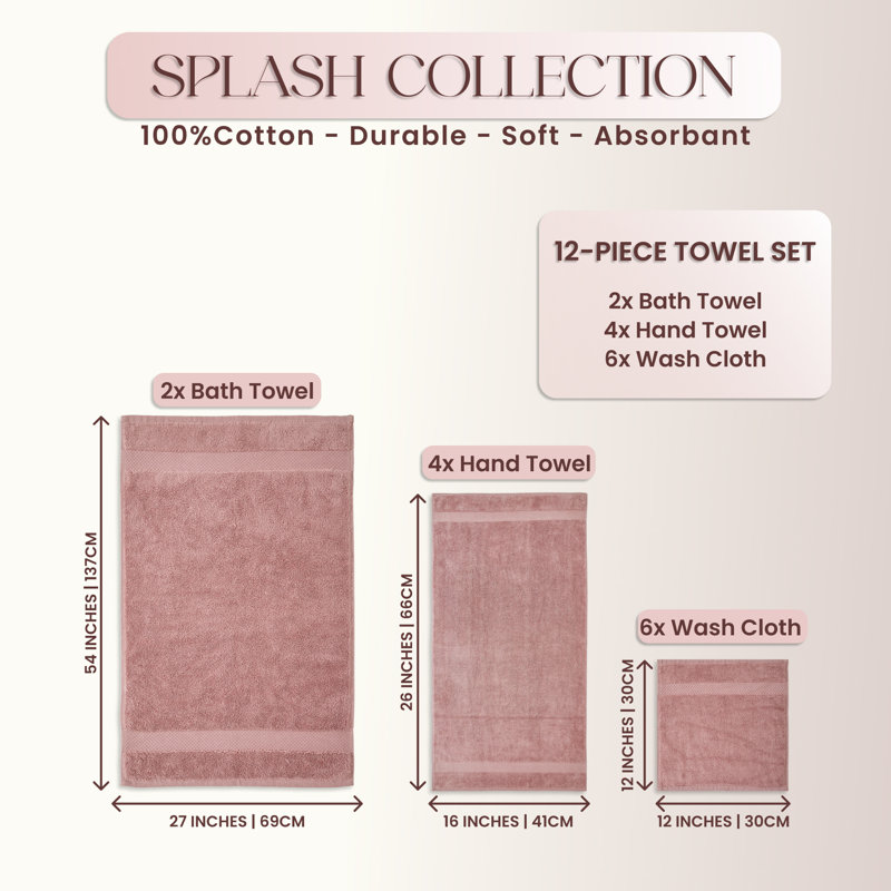 Ensemble de serviettes 100% coton Splash, serviettes de bain, serviettes à main et débarbouillettes Splash, serviettes absorbantes douces 550 g / m² pour la salle de bain, le spa et l'utilisation quotidienne, certifié OEKO-TEX, paquet de 12, rose