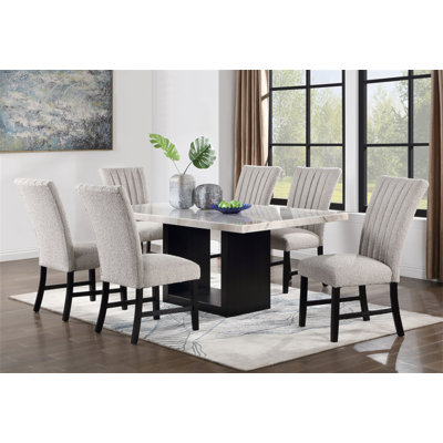 Beautiful Genuine Marble Top Dining Table 6x Side Chairs Gray Boucle Fabric Upholstered Chair Dining Room 7pc Set Wooden Furniture