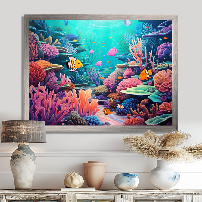 Kawaii Clownfish Coral Lansdscape I - poisson, art mural sur toile, Cadre simple argenté, H 24 po x l 32 po x P 1 po