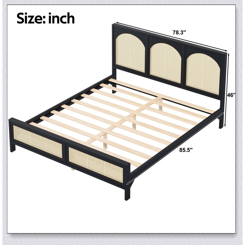 Wood Platform Bed With Rattan Headboard And Footboard, Très grand lit, Noir
