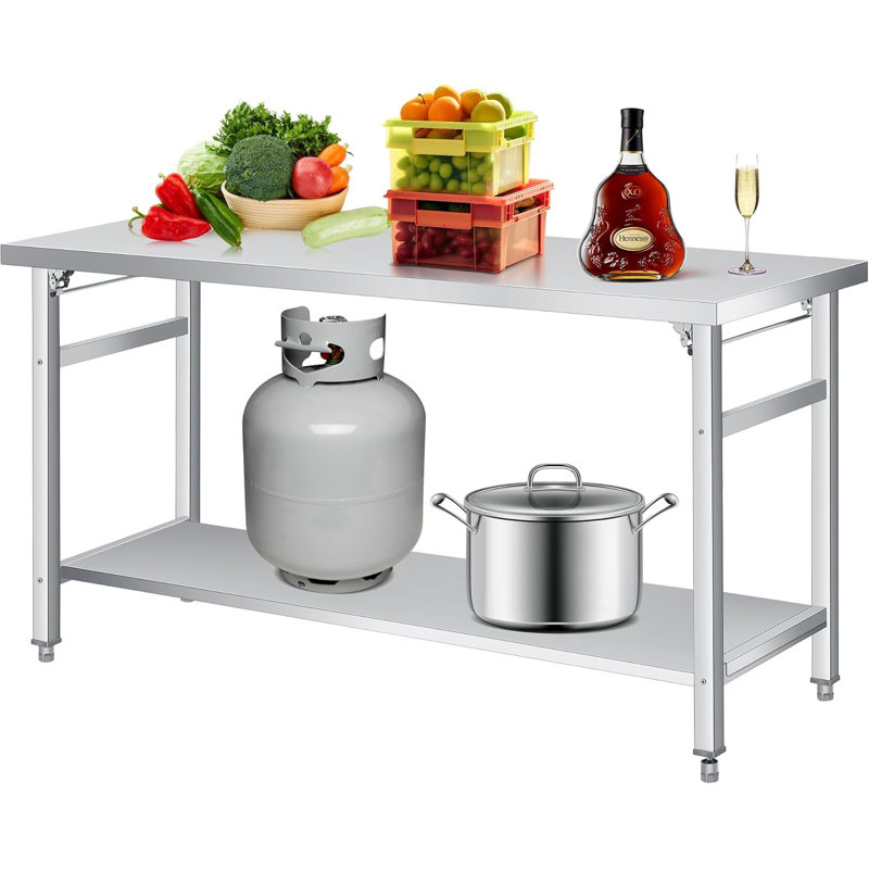 Table pliante en acier inoxydable (36 x 24 po) - Table de travail commerciale avec tablette inférieure, charge de 920 lb, poste de travail pliable à deux niveaux en acier inoxydable pour la maison, la cuisine, le restaurant, le garage, le camping et l'extérieur