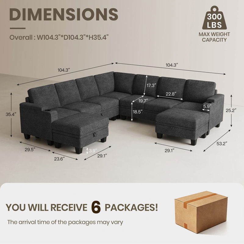 Chenille Modular U-Sectional With Storage Ottomans, Dark Gray Chenille
