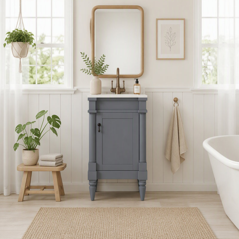 Meuble-lavabo de 45,7 cm (18 po) avec lavabo en céramique, meuble autoportant avec tablette réglable, structure en bois massif et MDF, style rétro, gris