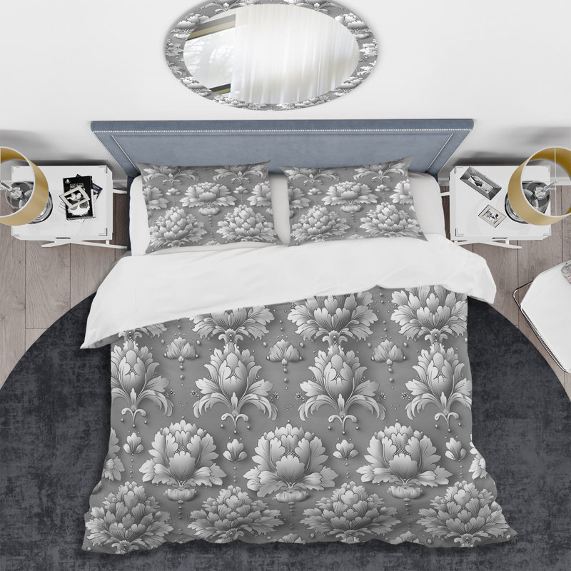 Ensemble de housse de couette Grey Flower Blooms - Glam, Housse de couette très grand + 2 taies décorativ