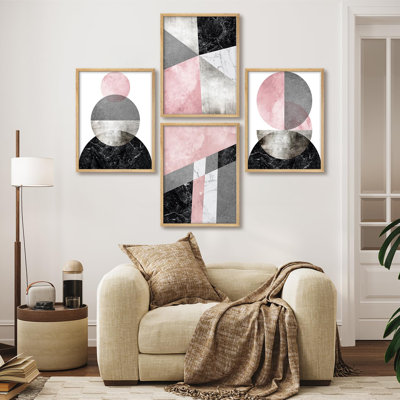 " Pink And Gray Marble Abstract Geometric Modern Artwork Minimalist Wall Art Decor " 4 - Pieces