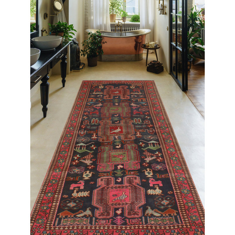 One-of-a-Kind 4'1" x 9'9" 1980s Runner Wool Area Rug in Blue and Brown