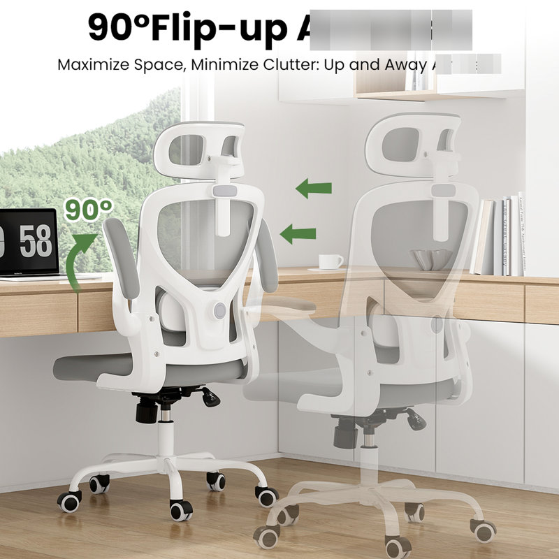 Chaise de bureau ergonomique blanche et grise, pivotante, ajustement lombaire vertical, conception peu encombrante, soutien lombaire confortable et relaxant, relevable, filet respirant, fonction berçante