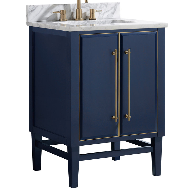 Swihart 25'' Single Bathroom Vanity with Marble Top, Navy Blue/Gold, Matte Gold, Carrara White
