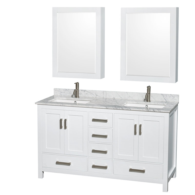 Meuble-lavabo double 60 po avec dessus en marbre et armoires à pharmacie Sheffield, Blanc