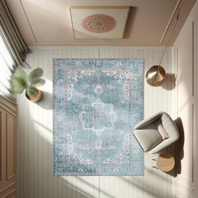 Tapis bleu sarcelle à motif tissé rétro