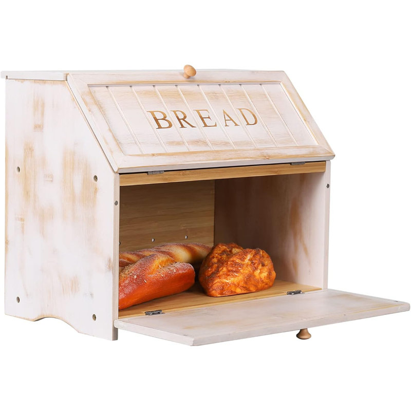 Grande boîte à pain rétro à double couche pour comptoir de cuisine, bac de rangement à pain en bois de grande capacité rétro (blanc)