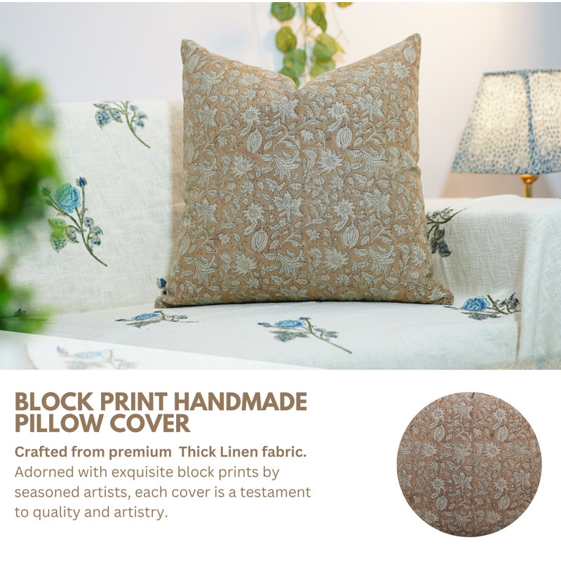 Linen Square Pillow Cover, 22"H x 22"W, Pink Floral 1