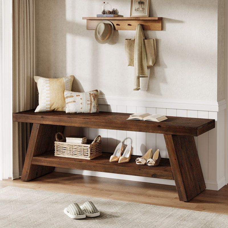 2-tier Solid Wood Entryway Bench, Indoor Shoe Bench Hallway Foyer Seating With Open Shelves, Dark Brown
