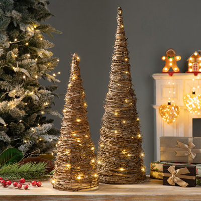 Ensemble de 2 décorations d'arbre de Noël en rotin avec minuterie