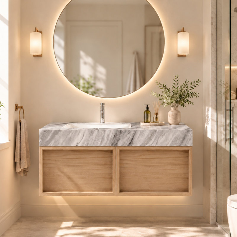 36" Modern Floating Bathroom Vanity with Sink, Wall-Mounted Wood Cabinet with Sintered Stone Countertop and Double Drawer Storage, Complete Drain Assembly Included