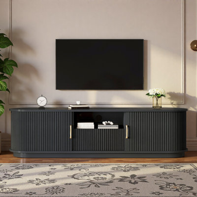 Meuble télé vintage rétro avec portes coulissantes en bois à lattes, tiroir, tablettes réglables et gestion des câbles