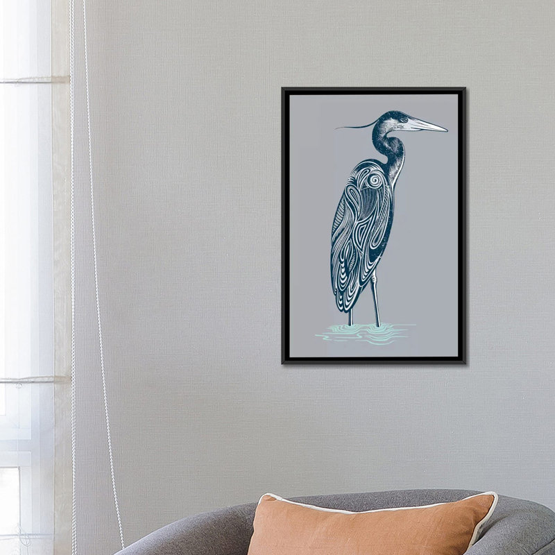 «Blue Heron», impression sur toile tendue, H 26 po x l 18 po x P 1,5 po, Toile avec cadre noir, Pas de tapis